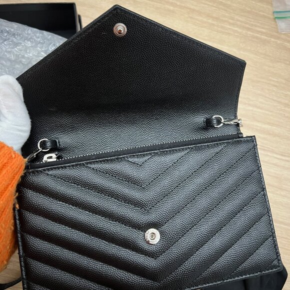 Saint Laurent Black Grain De Poudre Matelasse Chevron Monogram Envelope Chain Wa - Picture 10 of 10